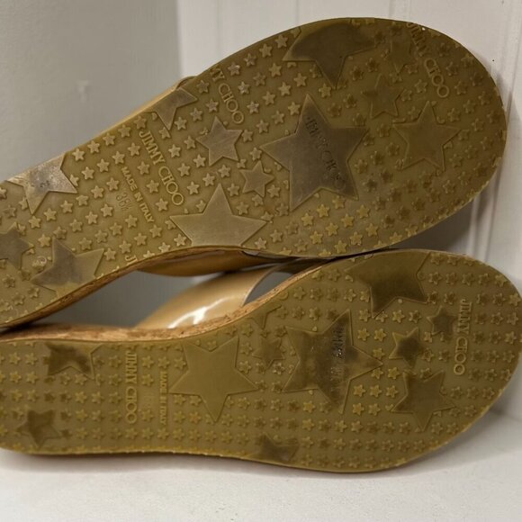 Jimmy Choo Pence Nude Patent Leather Cork Wedge Sandals Size 8.5 - Picture 3 of 6